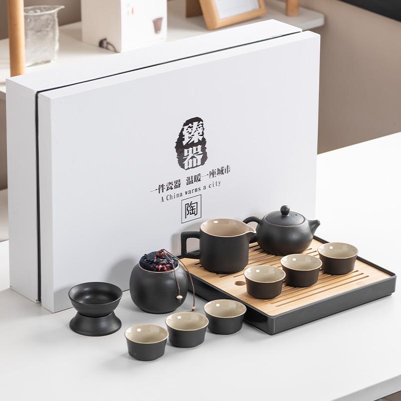 Black Pottery Kung Fu Tea Set Cover Bowl Teapot Tea Cup Tea Set Accessories Complete Tea Tray Business Gifts High-end Gift Box