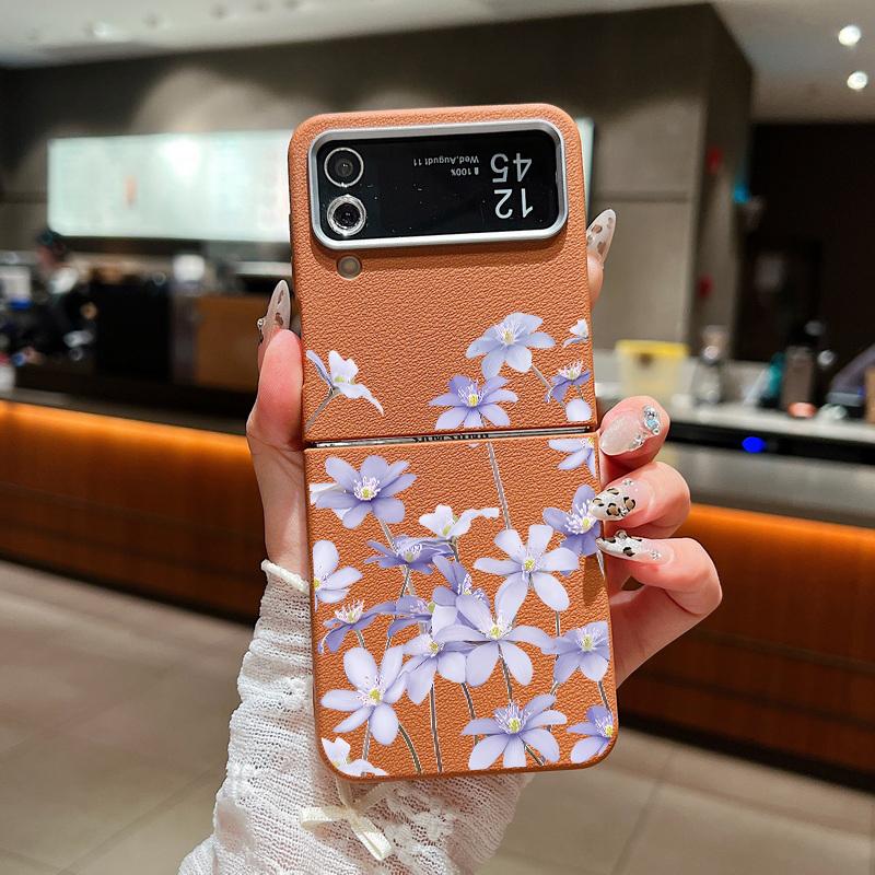 Leather Texture Soft TPU Folding Case For Samsung Galaxy Z Flip7 Flip6 Flip5 Flip4 Z Flip 7 FE 6 5 3 5G Plant Print Phone Cover