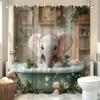 1pc Elephant Shower Curtain, Cartoon Animals Plants Home Bookshelf Cute Foam Sitting Elephant in Tub Watercolor Floral Suitable