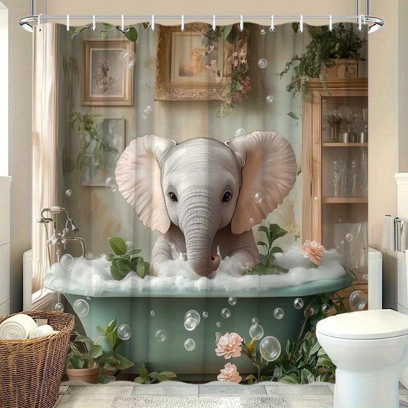 1pc Elephant Shower Curtain, Cartoon Animals Plants Home Bookshelf Cute Foam Sitting Elephant in Tub Watercolor Floral Suitable