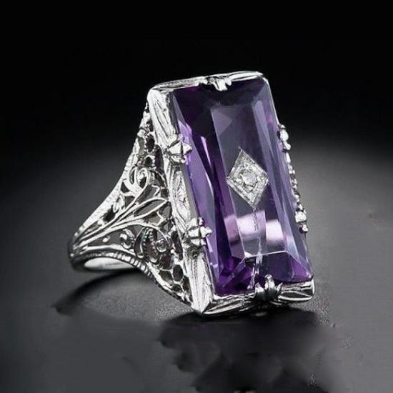 TrioWish Princess Ring: Rectangular Amethyst with Filigree Design