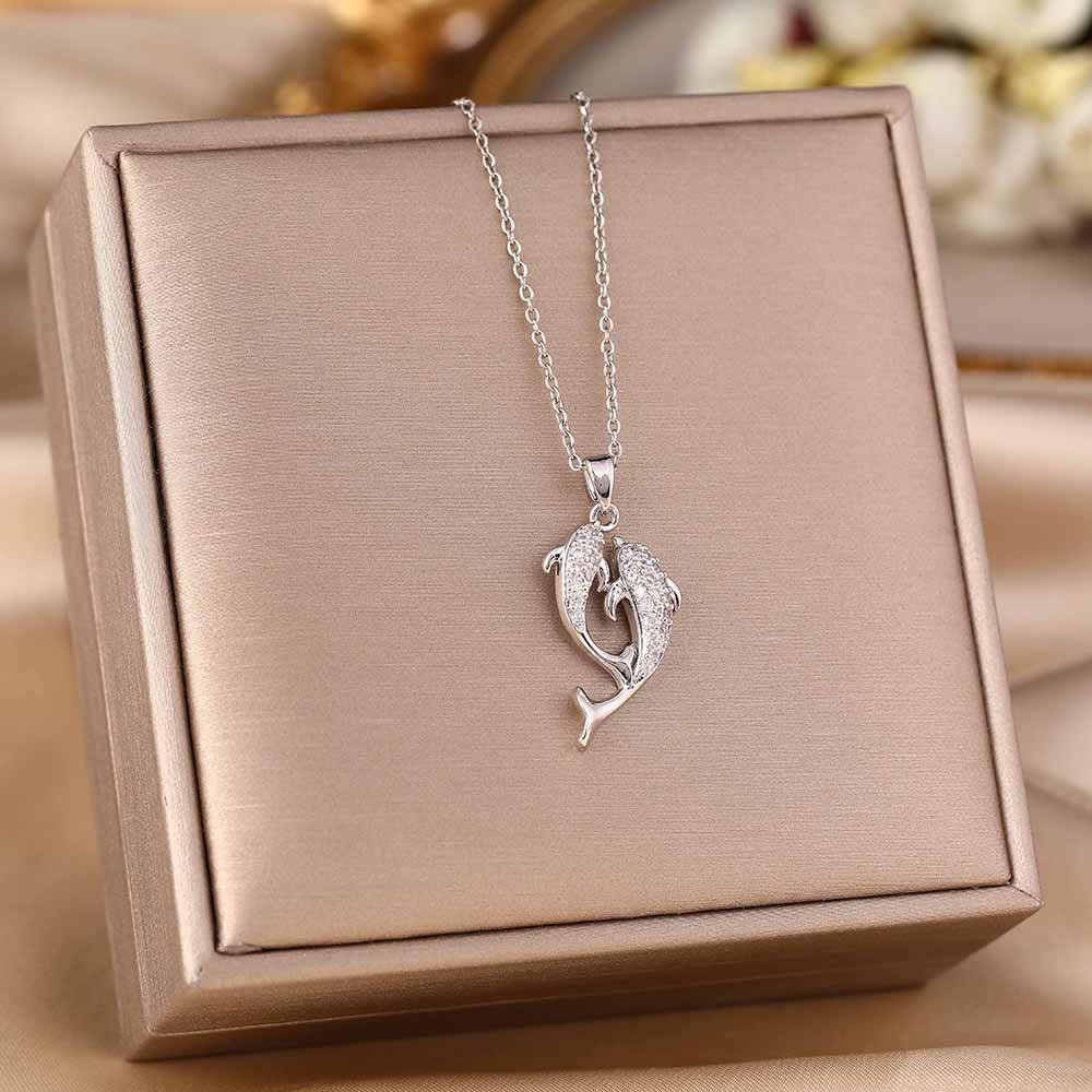 Exquisite titanium steel necklace with dolphin pendant,  sparkling zircon,  women's lock collar chain jewelry