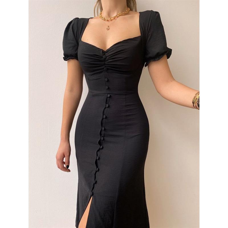 Women's Spring and Summer V-neck Single Breasted Temperament In The Long Dress