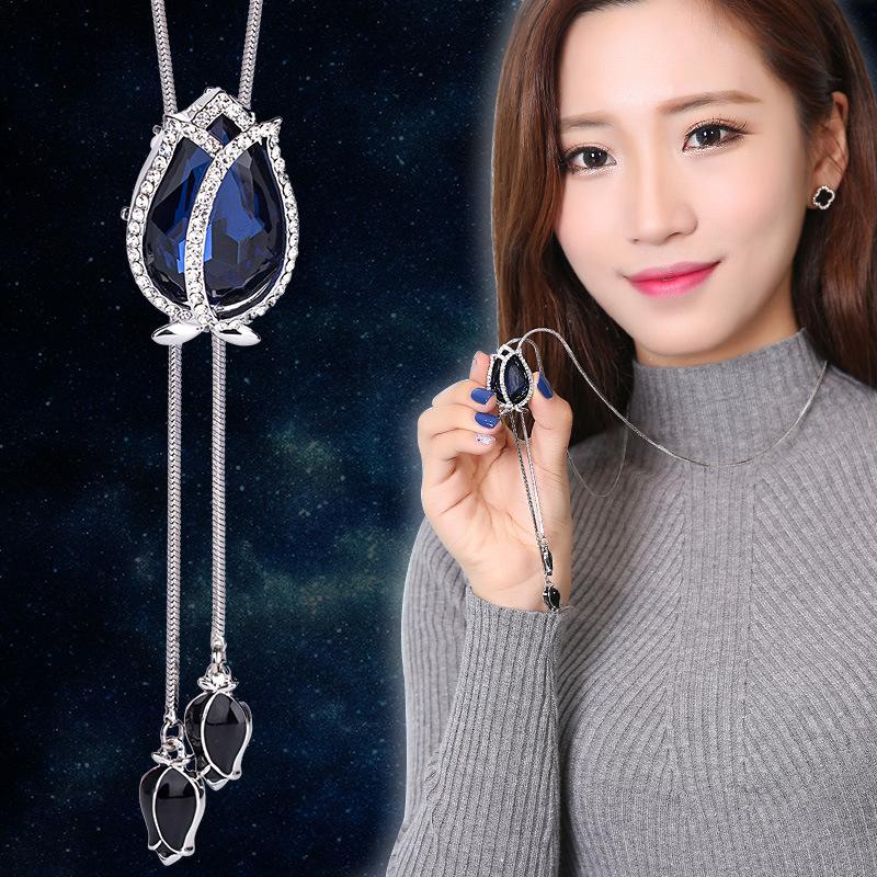 Clothes Versatile Classic Tulip Sweater Chain Autumn And Winter Long Crystal Water Drop Necklace Women