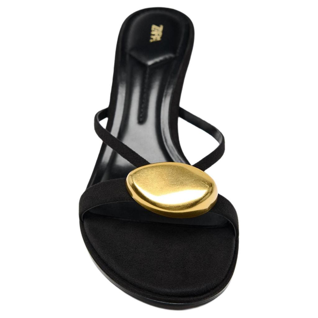 Zara Elegant Fashion High Heel Metal Detail Round Toe Slide Sandals Women Footwear Black 12316510-38