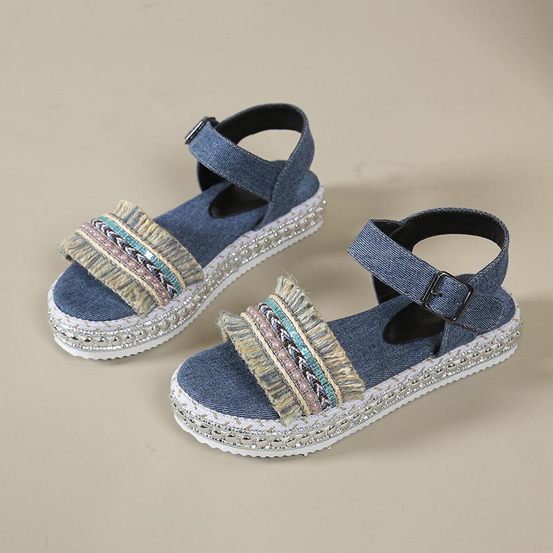 

Этнические сандалии лето новые ретро джинсовые сандалии женская обувь 43 синий