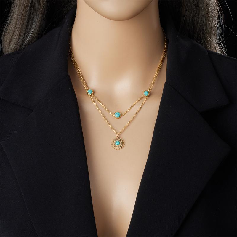 18K Gold Plated Layered Turquoise Sun Pendant Necklace, Dainty Double Chain Boho Choker for Women, Trendy Jewelry