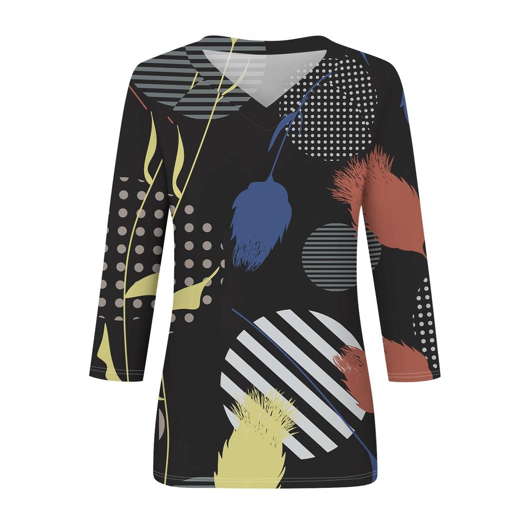 Damen V-Ausschnitt 3/4 Ärmel Tops Casual T-Shirts Basic Sommer Tees Lockeres Pullover Top