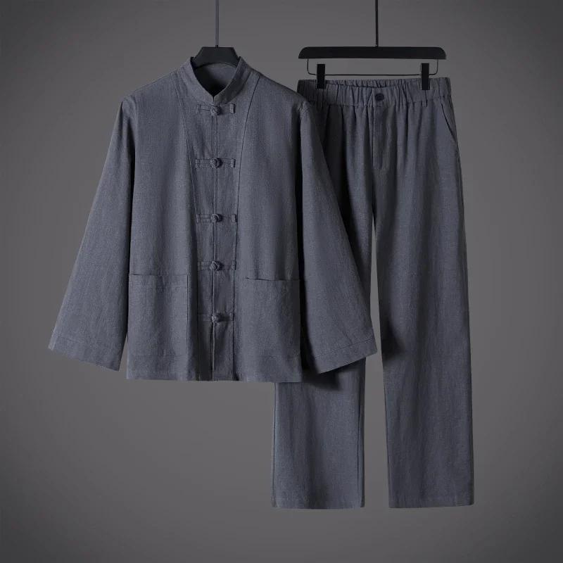 Chinese Style Cotton Linen Men Two Piece Set Men Mandarin Collar Frog Button Tang Suits Loose Casual Breathable Autumn Outfit