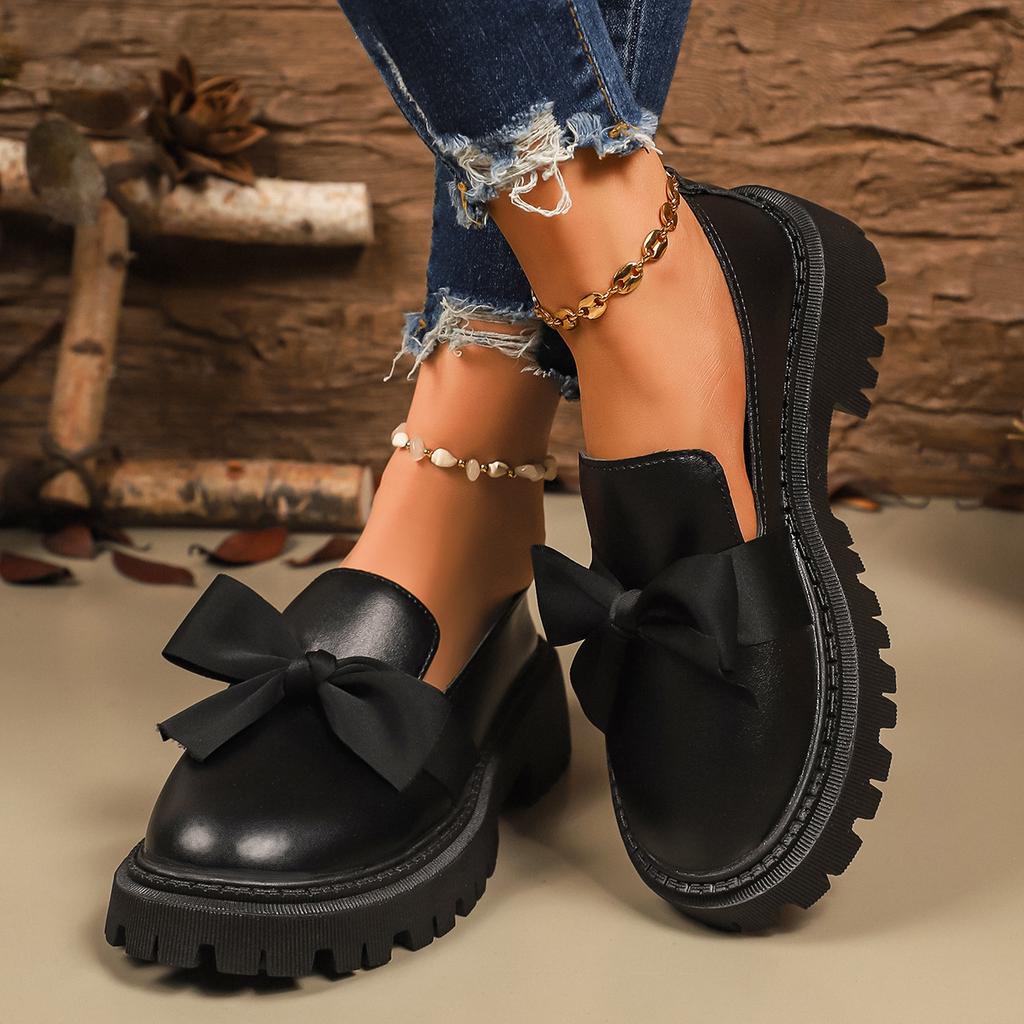 New Plus Size Bow Platform Loafers - Women’s Low Top Slip-On British Style Leather Shoes