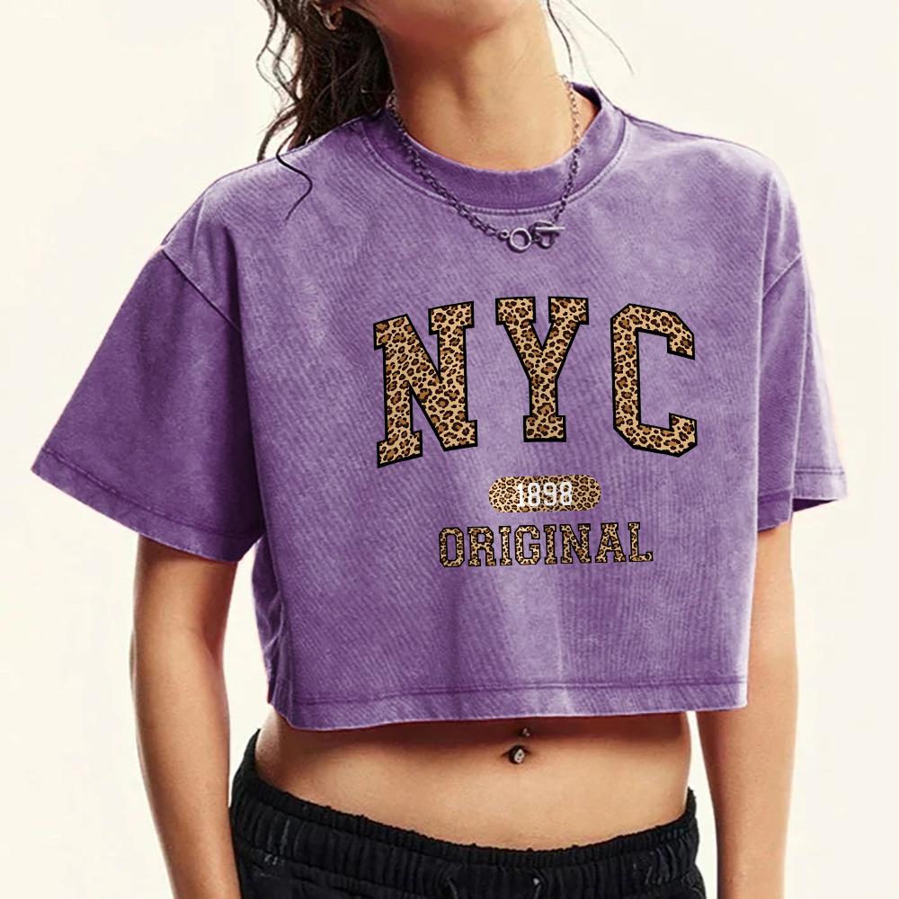 Leopard Print New York City Printed Washed T-Shirt Women Crop Summer Tee Shirts Soft T Shirt Crewneck Cotton Short Sleeve