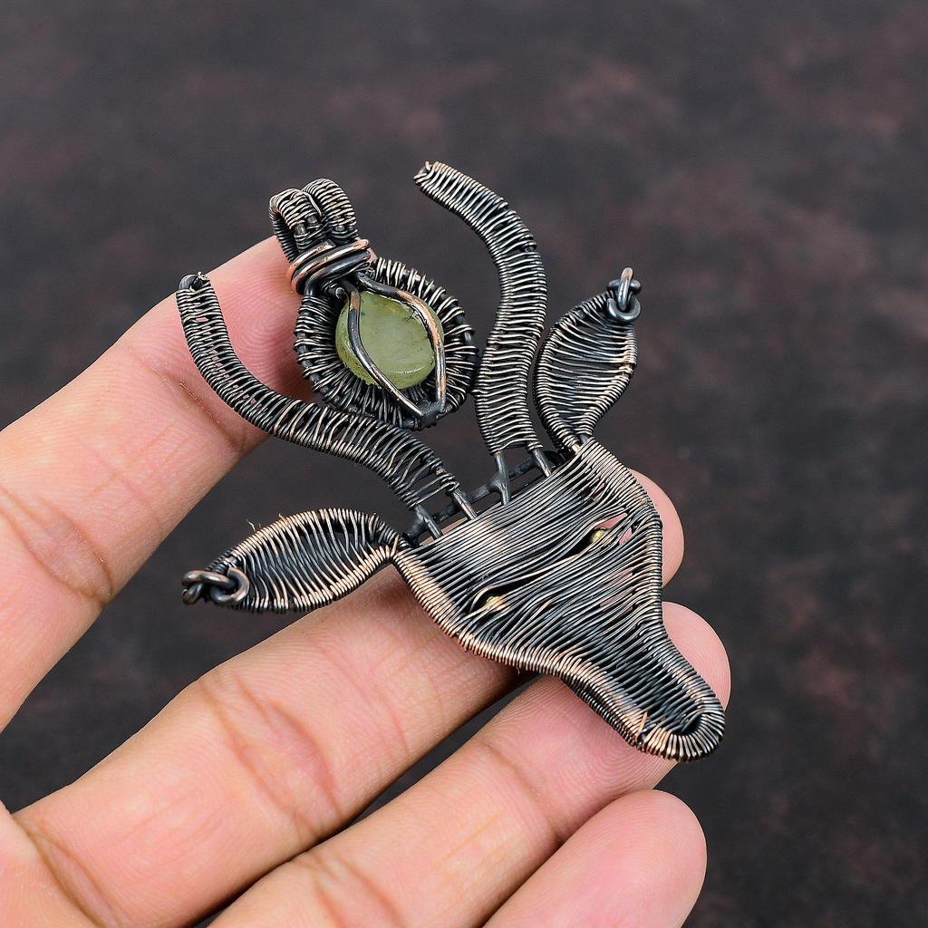 Prehnite Pendant Copper Wire Wrapped Pendant Handmade Cow Face Pendant Wire Wrap Gemstone Jewelry Ethnic Pendant Copper Jewelry Gift For Her