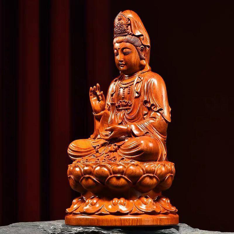 Rosewood Lotus Seated Guan Yin Bodhisattva Statue - Solid Wood Carving Handicraft for Home and Worship Decor