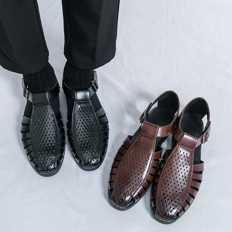 Fashion Stylish Men's Hollow Out Casual Leather Sandals Anti-Slip Business Leather Beach Shoes Leisure Walk Male Summer Flats Sandals