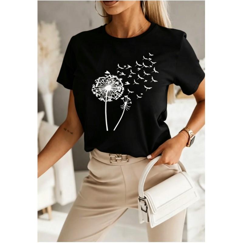 Women's summer printed beautiful dandelion round neck office casual short sleeved T-shirt