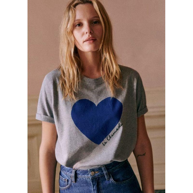 

[In Stock] 24 French Minority Cooperation Blue Loving Heart Letter Print Pattern Organic Cotton Short Sleeve T-shirt Blue Heart (small amount of In Stock) 36