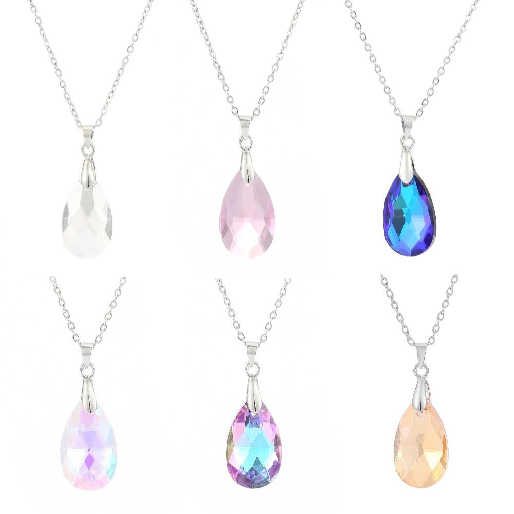 Einfacher Luxus Strahlende Farben Geometrisch Tränenförmig Künstlicher Kristall Anhänger Halskette für Damen Edelstahl Schmuck