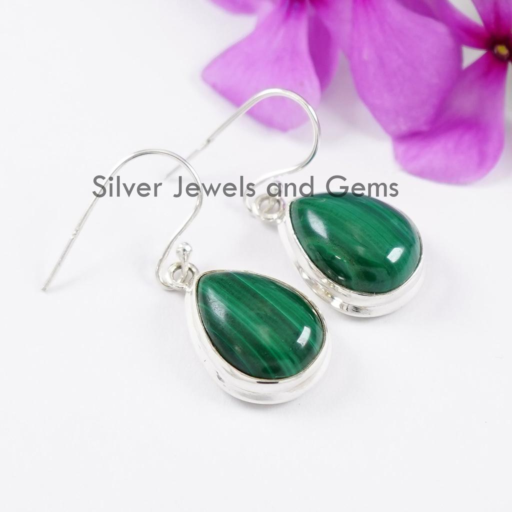 Tropfenförmige Malachit-Ohrringe, 925er Sterlingsilber, Grüner Edelstein-Ohrring