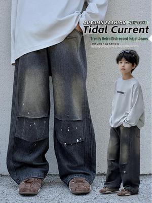 Jeans Rectos Holgados Estilo Coreano Retro Desgastados para Niños Otoño 2025