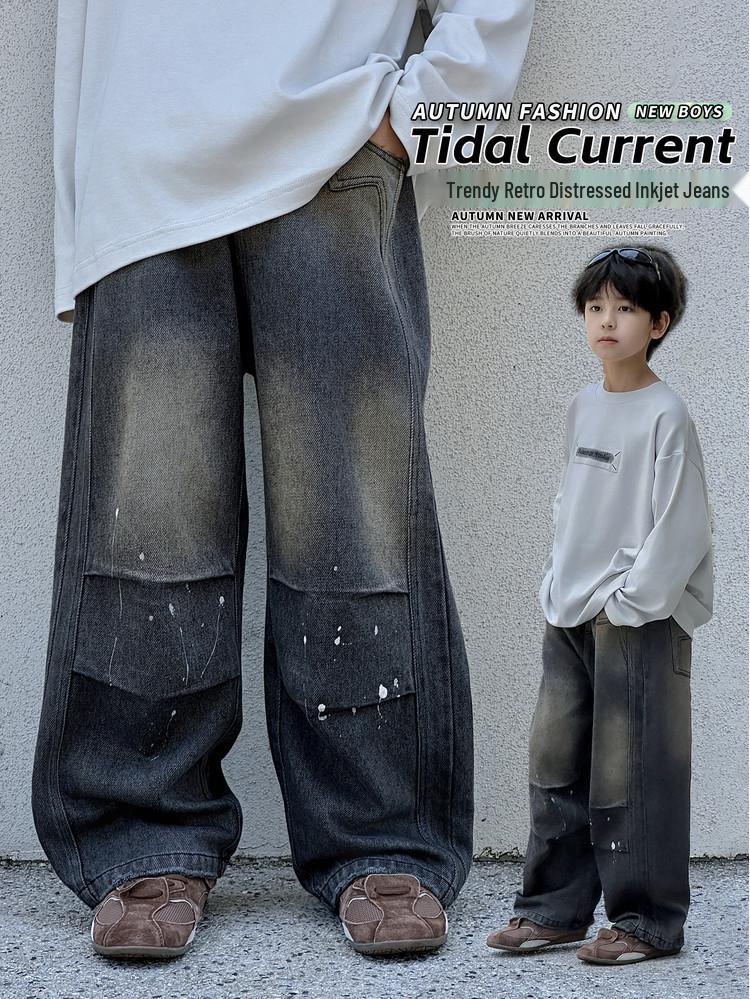 Autumn 2025 Boys' Loose Korean Style Retro Distressed Straight-Leg Jeans