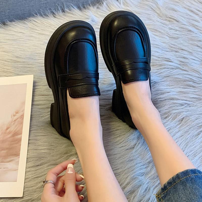 Lädskor Dam Sommar Brittisk Stil Blockklack Platå Loafers Dam College Casual Enkla