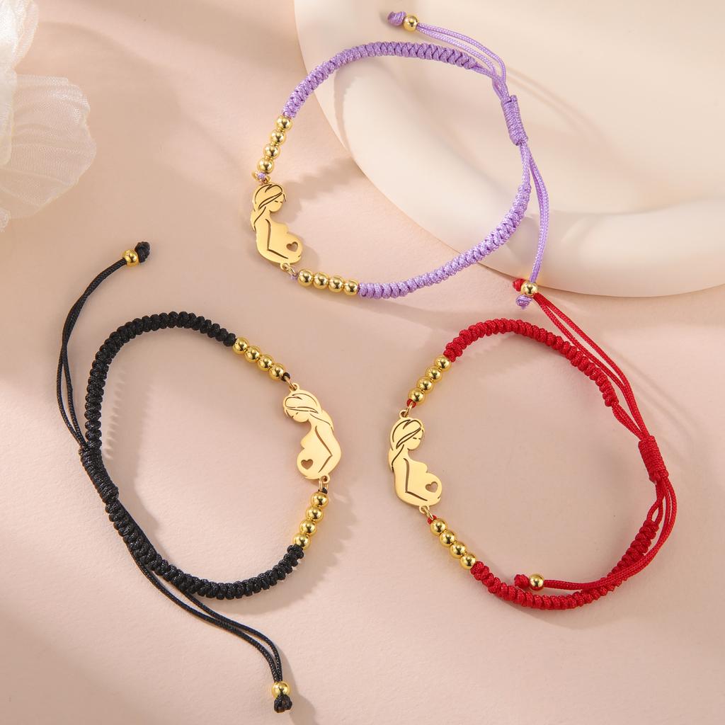 Stainless Steel Gold Color Baby Mom Family Charm Bracelet Red Black Rope Bracelets Fashion Jewelry for Women Mother's Day Gift