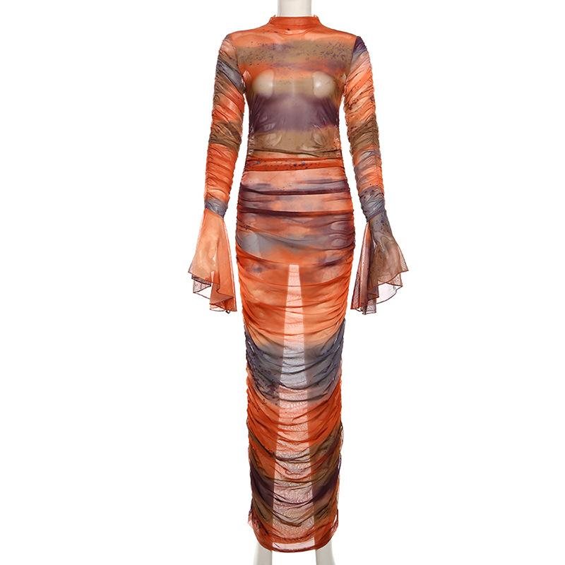 

Зимняя женская мода, тренд, цвет, контраст, расклешенный рукав, полувысокий ворот, облегающее сексуальное платье из марли с запахом на бедрах S оранжевый