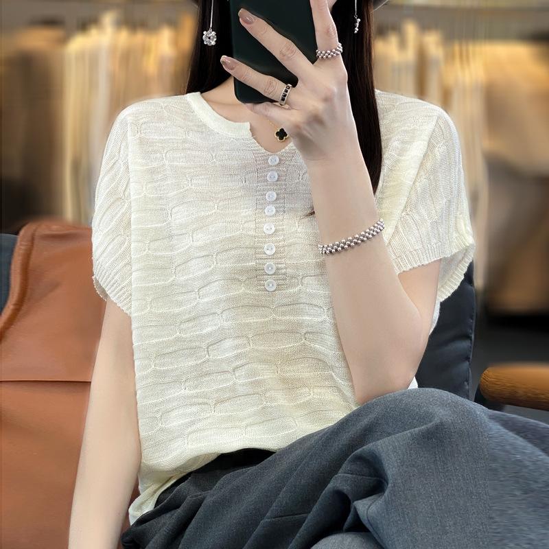 GMXIA Linen Ice Silk Top, Solid Color Knitted Sweater, Summer Slimming, Large Size, Round Neck, Thin Sheer Mesh