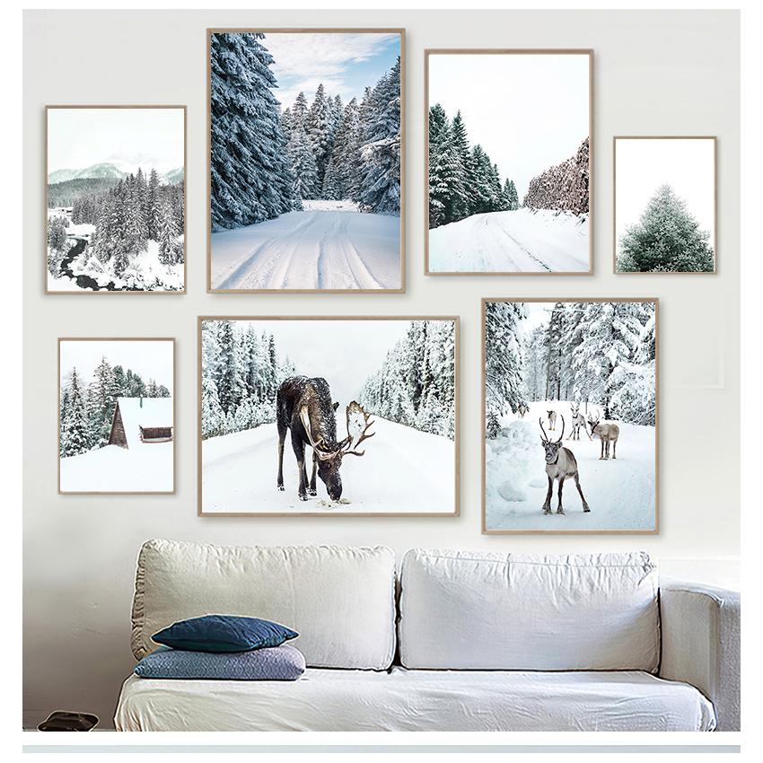 Landscape Pine Forest Snow Elk Nordic Posters And Prints Wall Pictures For Living Room Decor Wall Art Canvas Painting Winter