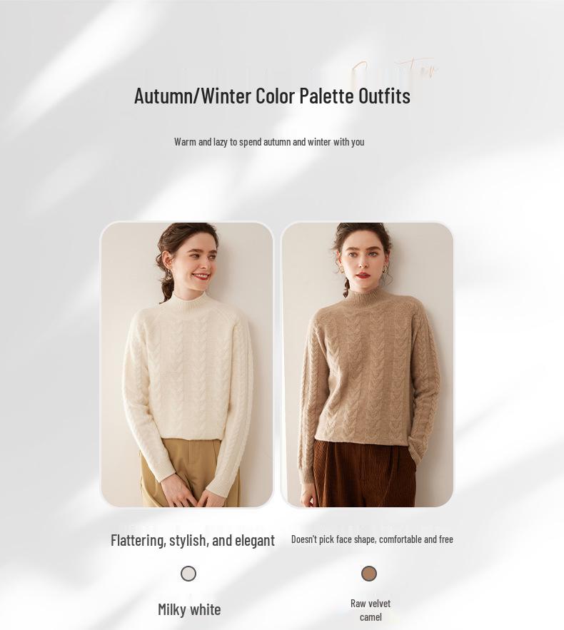 Women's Solid Color Twist Pattern Cashmere Sweater, Semi-high Neck, Loose Fit