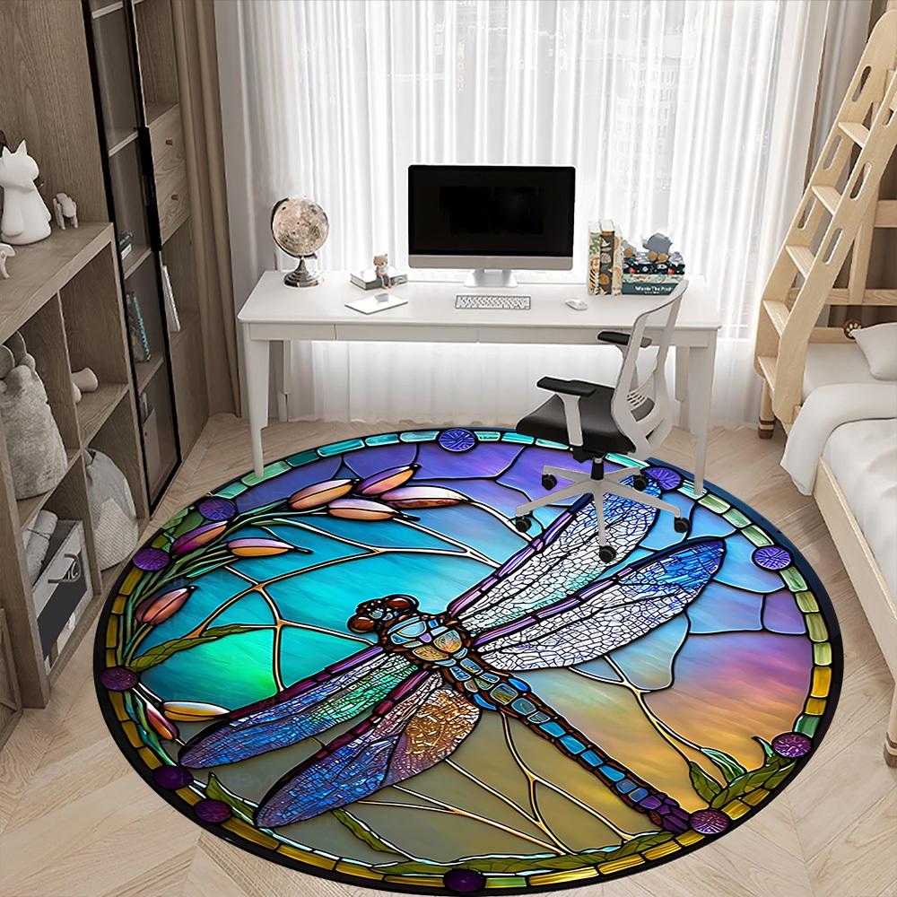 1PC Dragonfly StainedGlass Office Round Area Rug, Mat Suitable ForOffice, Under Office Chairs Bedroom Living Room Home Decor, Room Deco