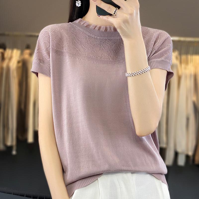 Tricou cu mânecă scurtă de vară pentru femei 50% amestec de mătase și poliester dud | Top casual ușor, respirabil, slim fit