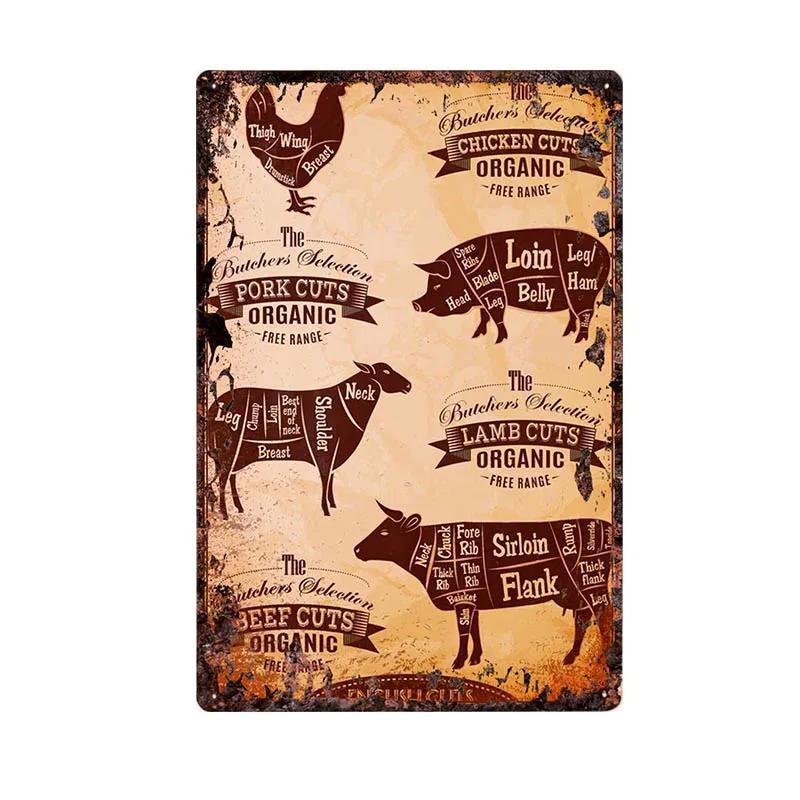 Butcher Shop Vintage Metallskylt Kökaffisch Nötkött Gris Anka Köttsnittsguide Retro Väggplakett Målning Hantverk 20x30cm
