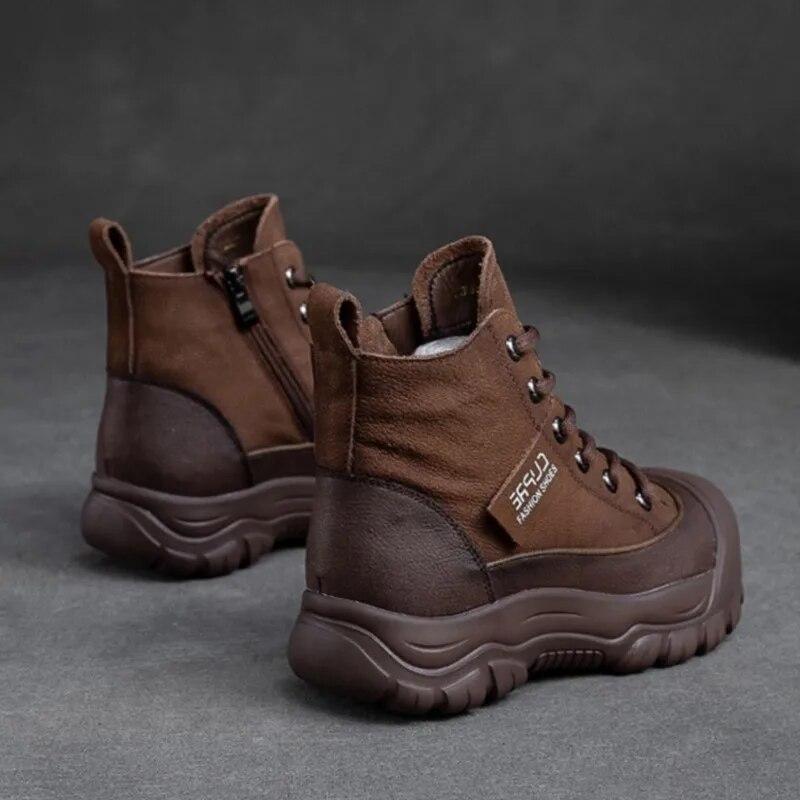 Johnature Cizme scurte calde de pluș de iarnă, retro, din piele naturală, de culoare uni, pantofi de damă, versatili, confortabili