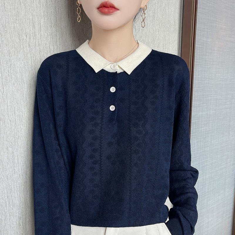 New Spring Autumn New Style Jacquard Knit Undershirt Inner Top Contrast Color Lapel Fashionable Women's Pullover Sweater