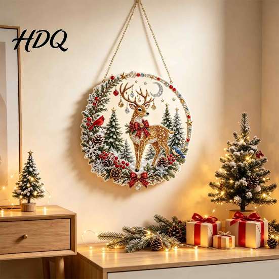 Decorative Acrylic Winter Ornaments Xmas Snowman Hanging Ornament Round Santa Reindeer Christmas Tree Decorations Door Sign for Festive Window