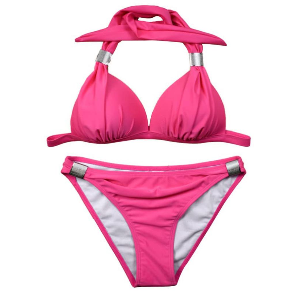 Two Piece Solid Color Bikini Set with Padded Cups Women Swimwear Halter Neck Top and Classic Bottom Beachwear
