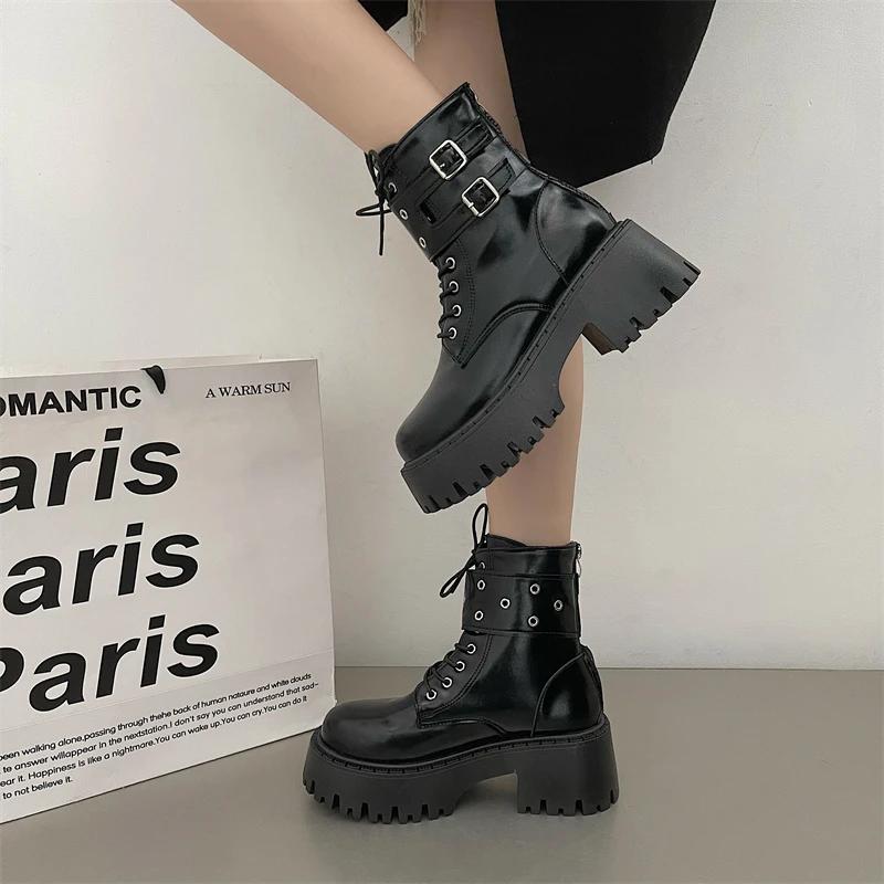 Fashion Lace-up Combat Women Ankle Boots 2024 Chunky Heel Platform Women Boots British Style Thick Sole Increase Height Casual Boots