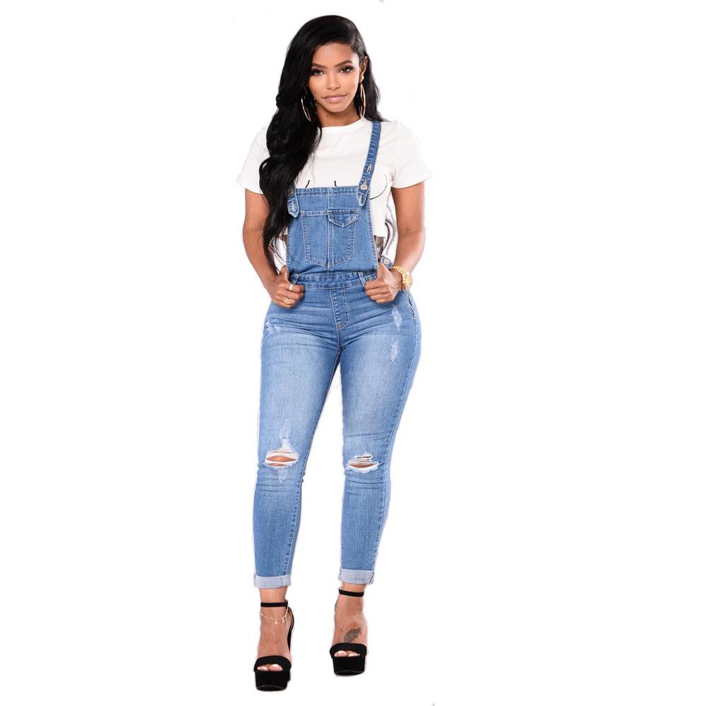 Women's Ripped Denim Overalls - European & American Style Jumpsuit
