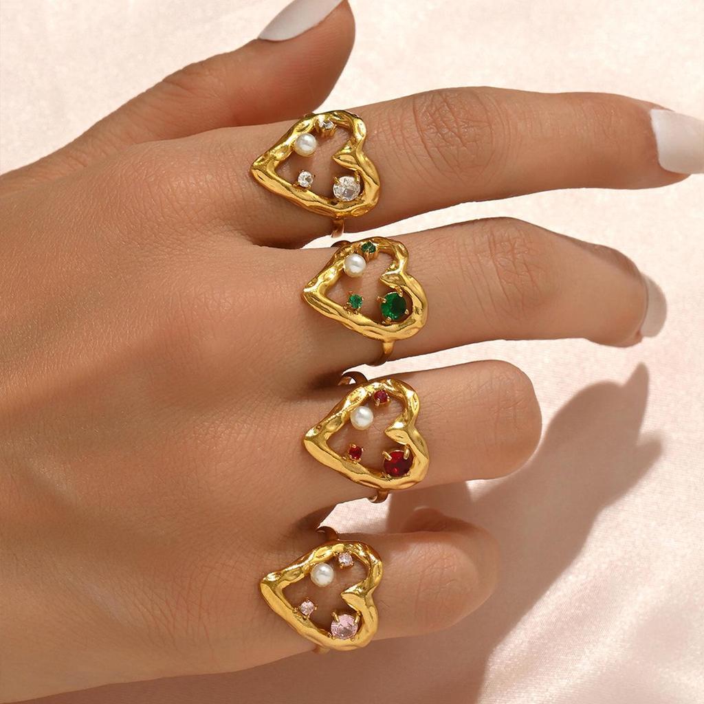 Stainless Steel Heart Ring with Colorful Zircon Stones