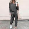 Sets For Women 2 Piece Round Neck Long Sleeve Shirts Colid Sweatpants Pocket Sets
