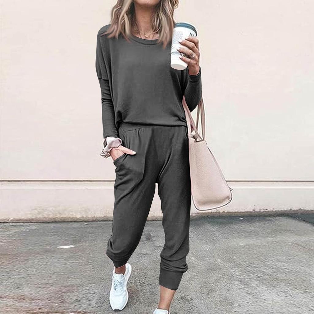 Sets For Women 2 Piece Round Neck Long Sleeve Shirts Colid Sweatpants Pocket Sets