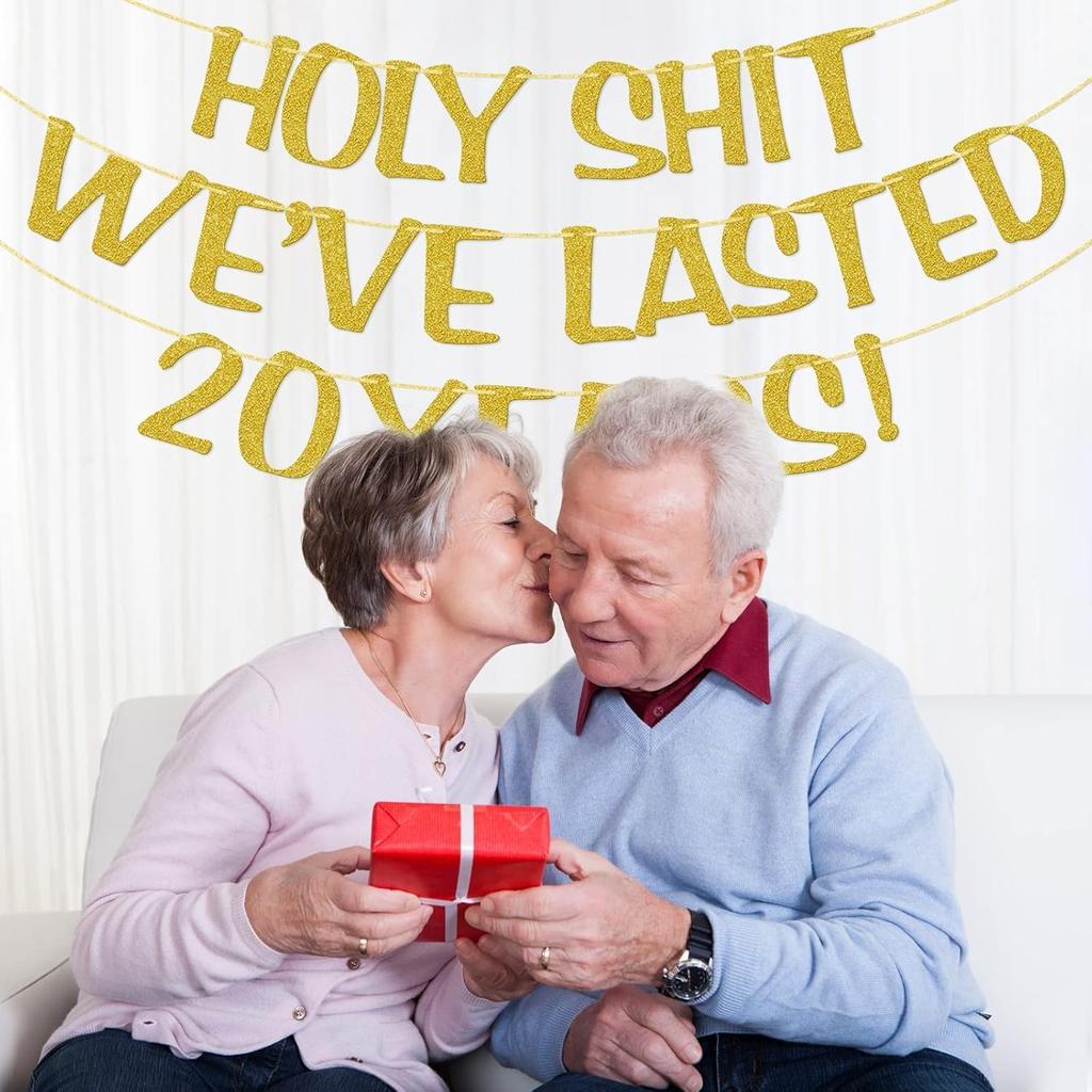 Holy We've Lasted 20 Years Banner, 20th Wedding Anniversary Party Decorations, Funny Decor for Him Her Husband Wife Parents, Pre-Strung, Gold Glitter