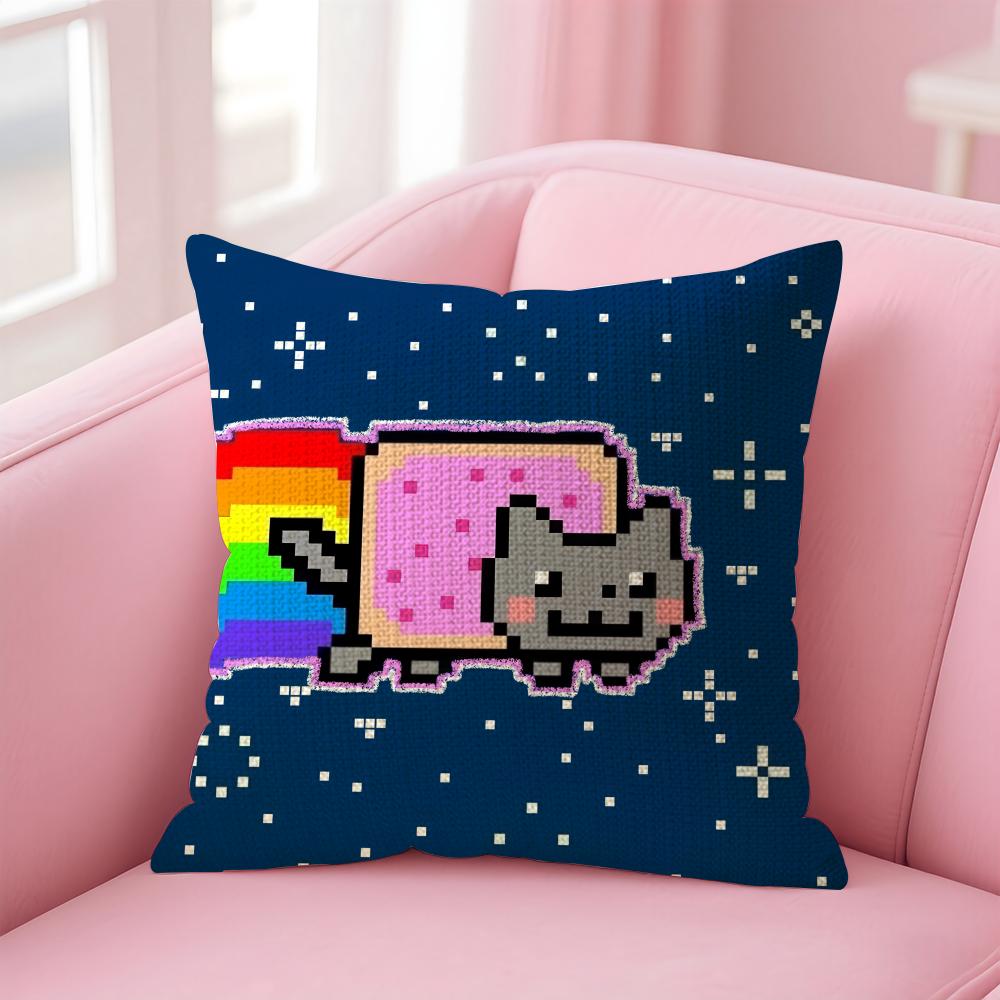 Cute Cat NNyan Cartoon Cushion Cover Natural Linen Pillow Case DoubleSided Print Decorative Sofa Pillowcase Home Decor Gift
