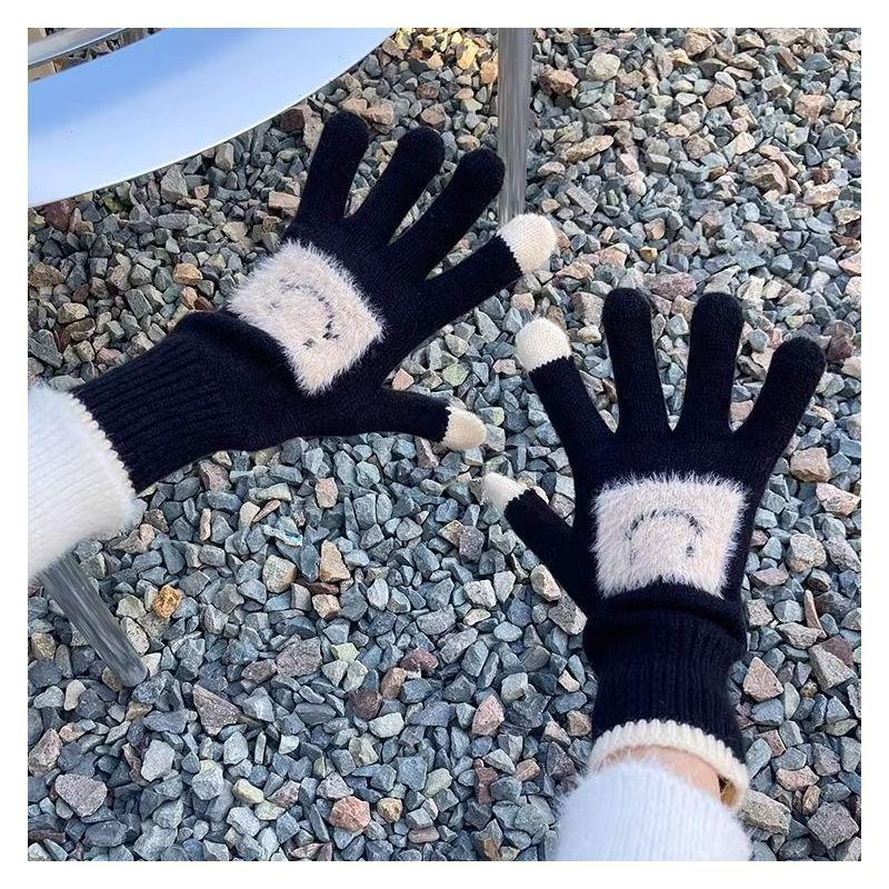 Korean Style Cute Smiling Face Knitted Wool Gloves for Women with Thick Fingers Solid Color Touch Screen Warm and Cold Proof Gloves