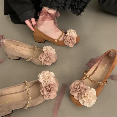Damenschuhe für Frühling und Sommer, neu, Rose, Retro, dicker Absatz, leichte Öffnung, Mary Janes