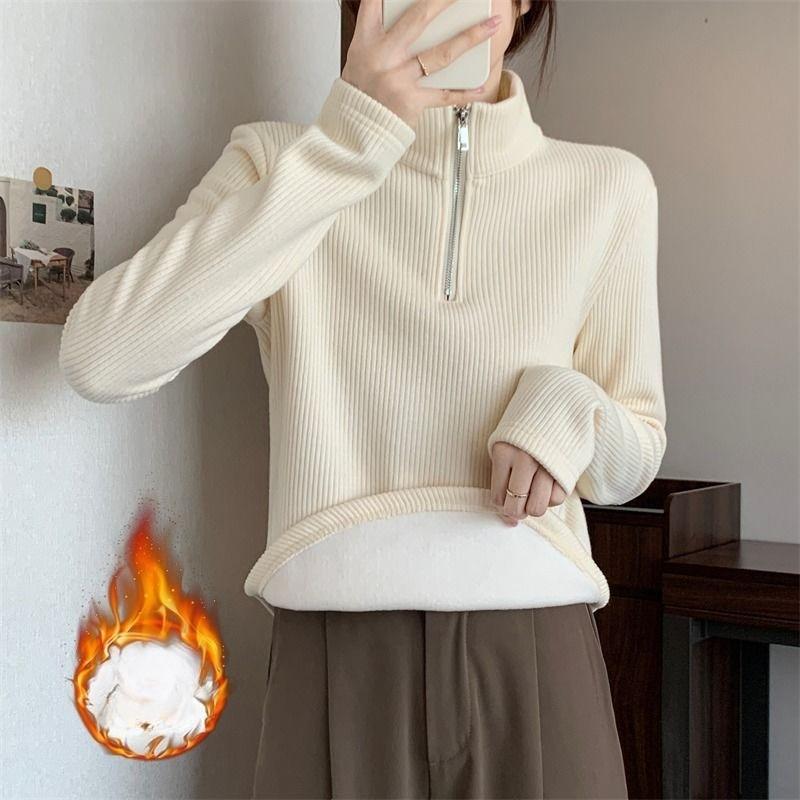 Women's Plus Size Flocked Undershirt Fleece-Lined Half Turtleneck Base Shirt Autumn Winter Warm Pullover Top