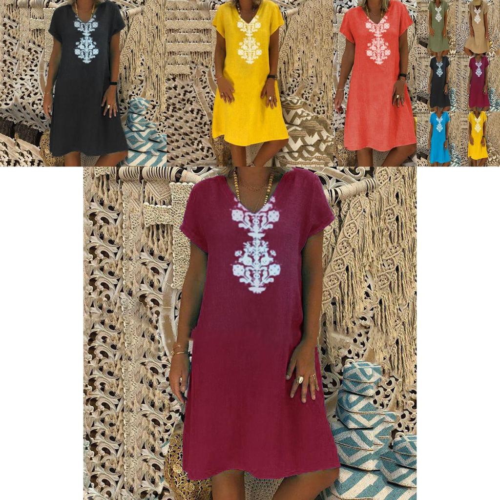 Versatile Women's Baggy Loose Short Sleeve V-neck Linen Kaftan Madi Dress Perfect For Daily Wear And Beach Outings