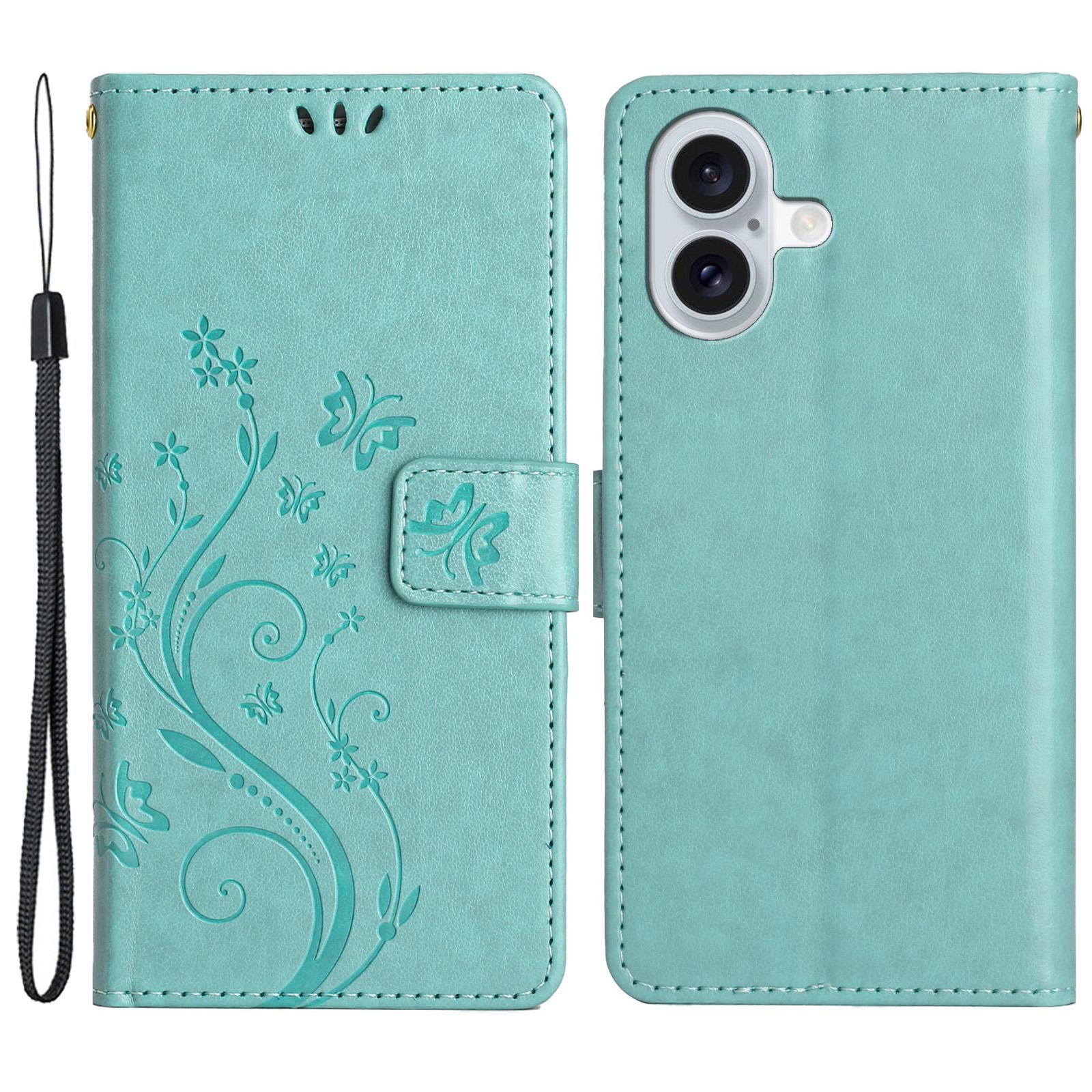 

For iPhone 16 Plus Case Wallet PU Leather Butterfly Floral Phone Cover with Strap Baby Blue