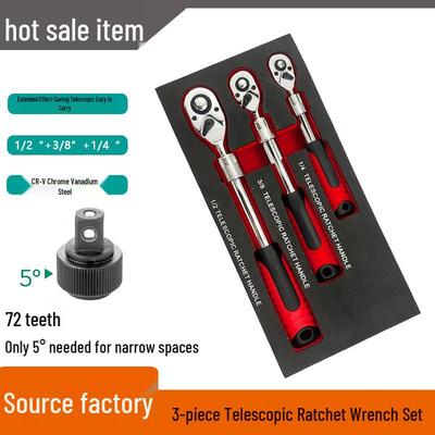 Telescopic Reversible Ratchet Wrench Set: 72-Tooth, 1/2" Large, 3/8" Medium, 1/4" Small Sizes